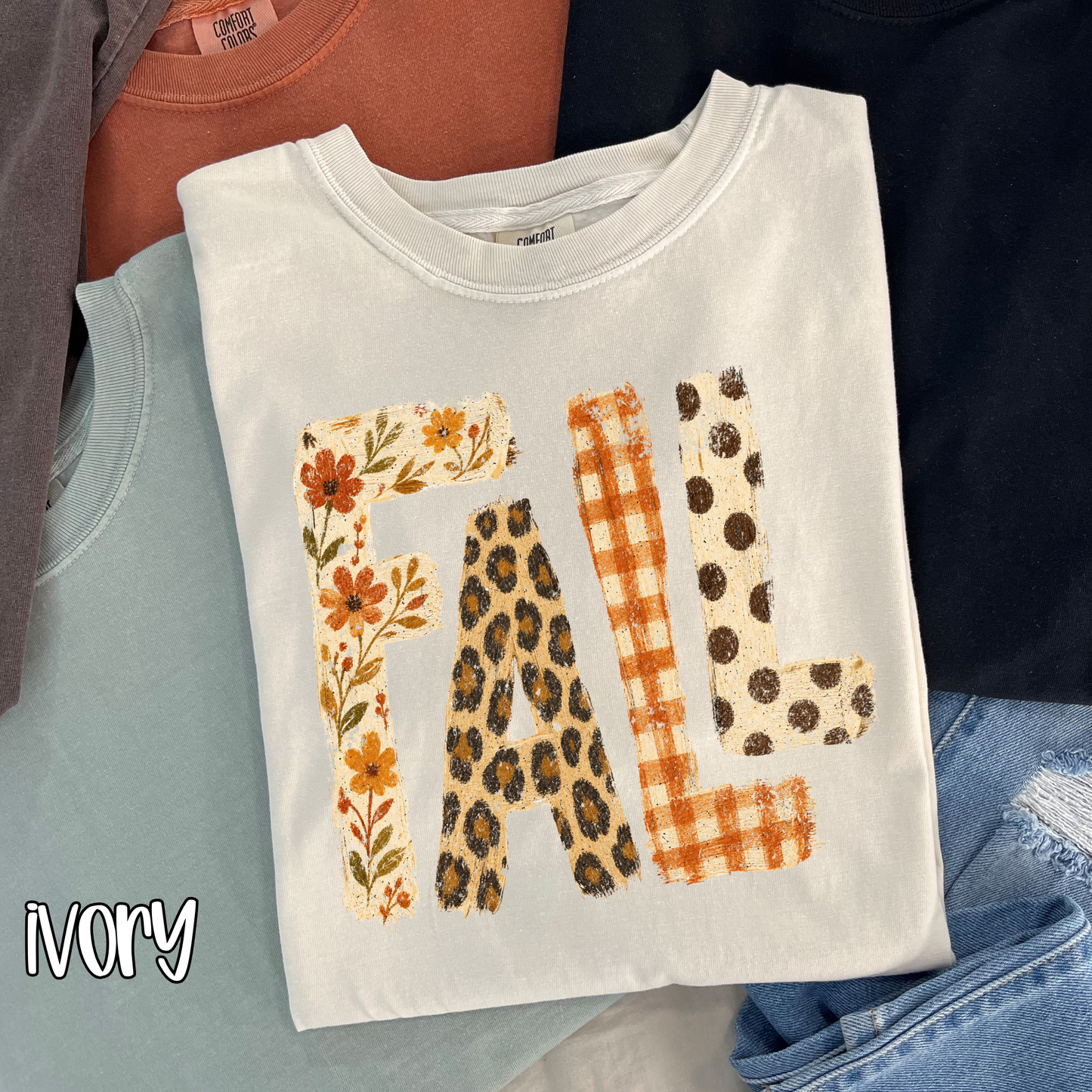 Retro Patchwork "FALL" Comfort Colors T-Shirt - Autumn Floral, Leopard Print & Buffalo Plaid Lettering Tee, Pressed & Shipped from East Tennessee