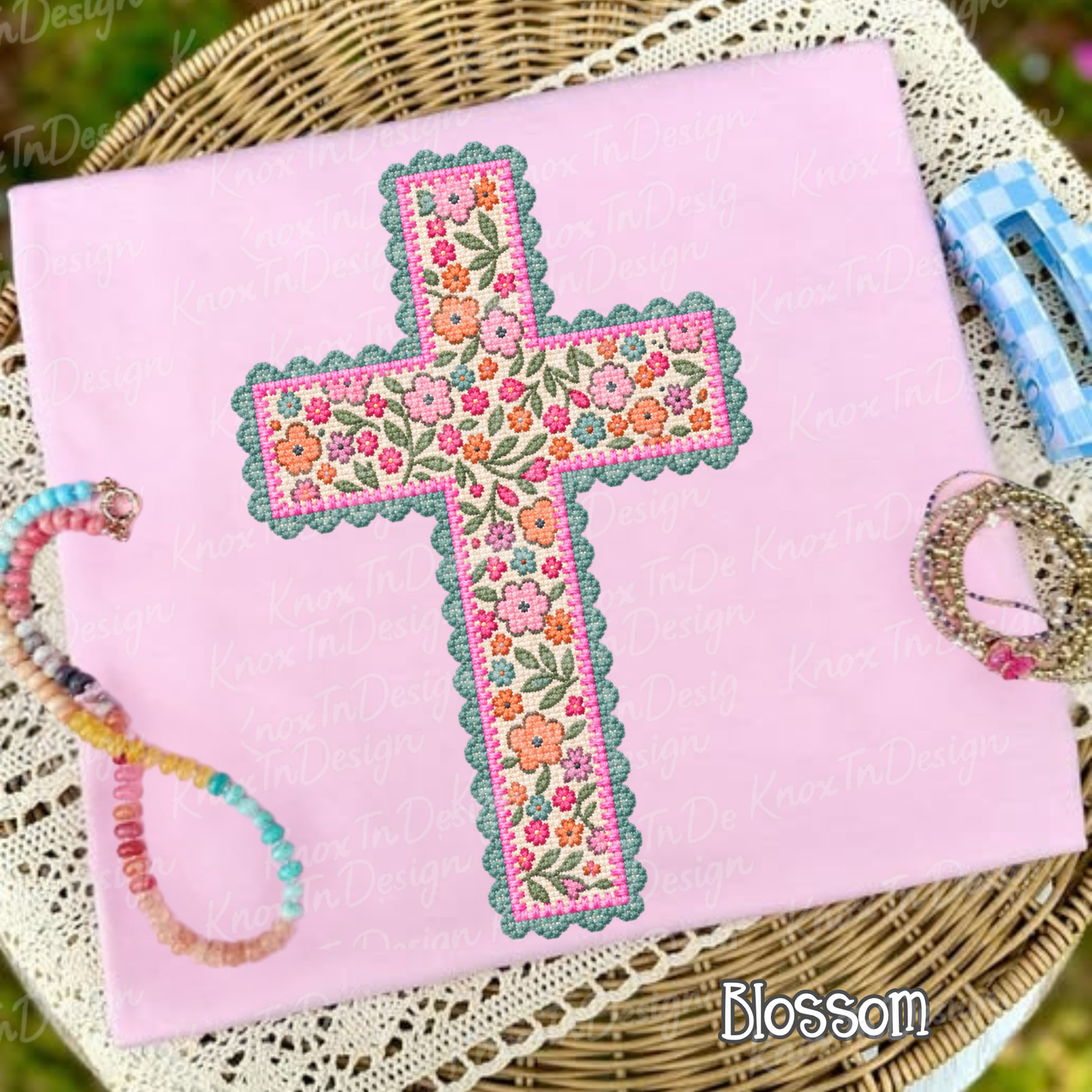Floral Needlepoint Cross Comfort Colors T-Shirt - Preppy Needlepoint LOOK Cross Graphic Tee, Christian Gift, Pressed & Shipped from East Tennessee