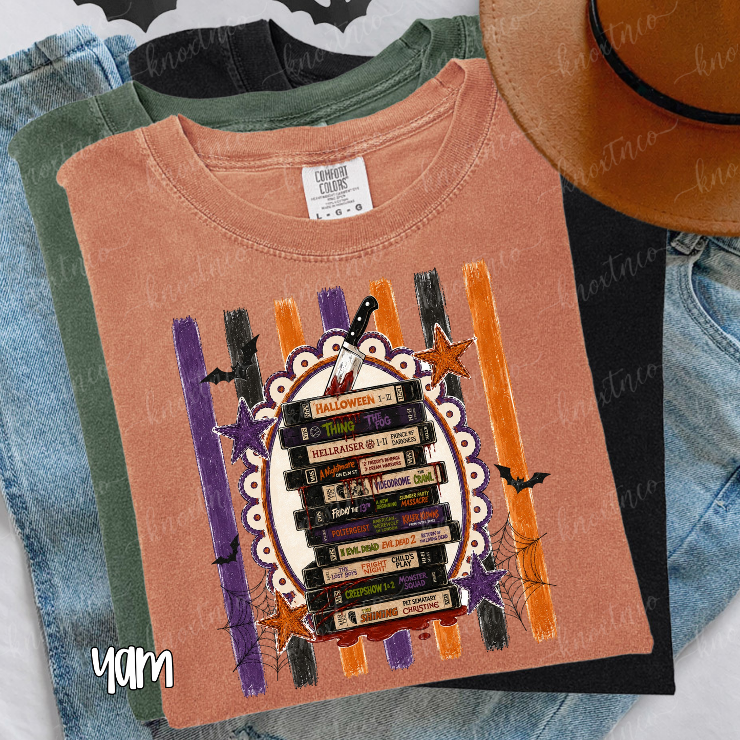Retro Horror Movie Spooktacular Comfort Colors T-Shirt - Halloween Movie Lover's VHS Stack Graphic Tee, Scandi Boho Pumpkin Color, Unisex Horror Fan Gift