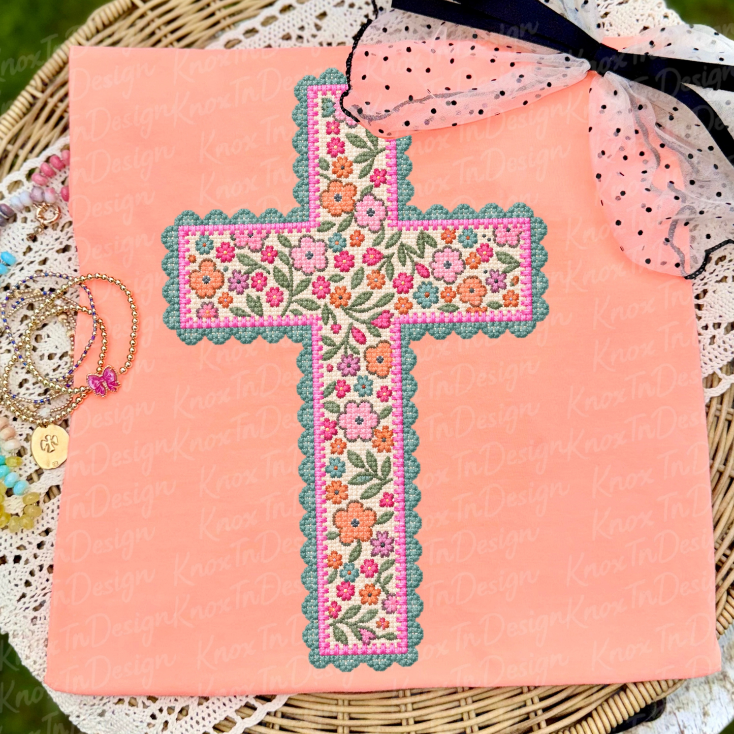 Floral Needlepoint Cross Comfort Colors T-Shirt - Preppy Needlepoint LOOK Cross Graphic Tee, Christian Gift, Pressed & Shipped from East Tennessee