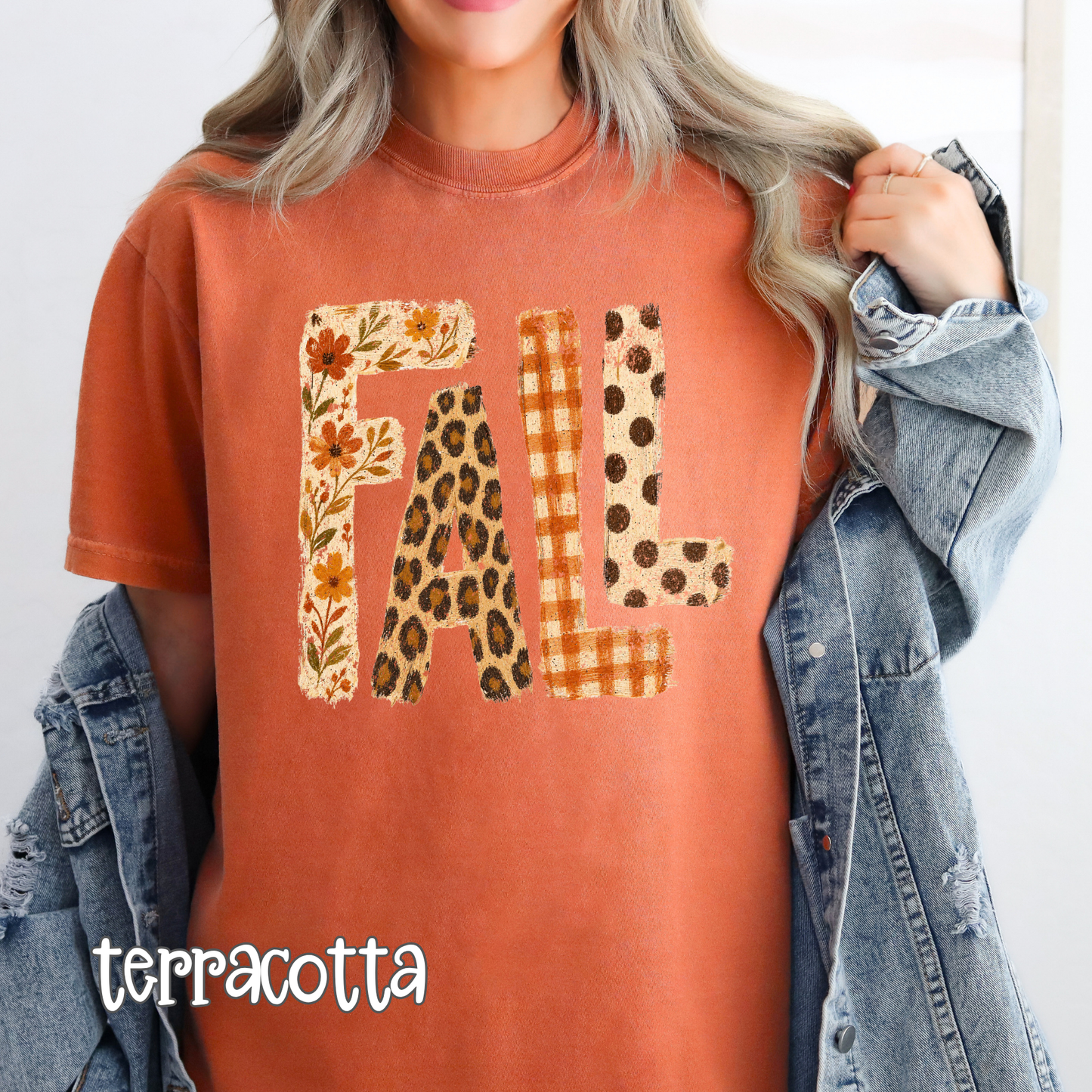 Retro Patchwork "FALL" Comfort Colors T-Shirt - Autumn Floral, Leopard Print & Buffalo Plaid Lettering Tee, Pressed & Shipped from East Tennessee