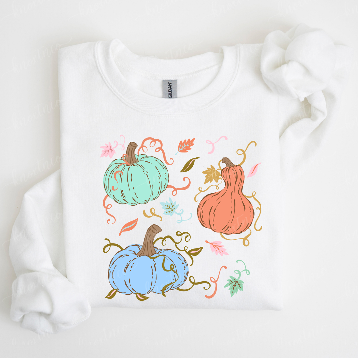 White Gildan Sweatshirt featuring three colorful whimsical pumpkins in mint, peach, and light blue with fall leaves and curly vines.