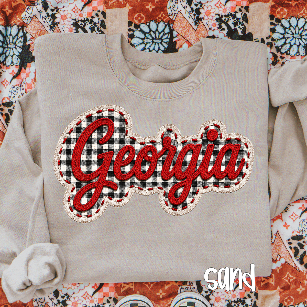 Georgia Embroidered Look T-Shirt or Sweatshirt | Red Black Gingham Game Day Shirt | Georgia Football Fan Tee