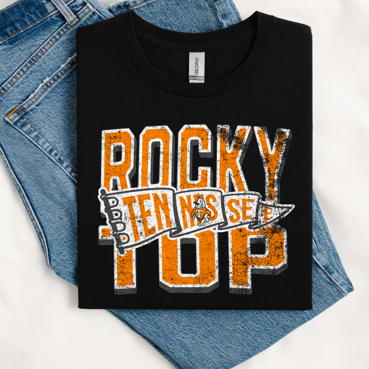 Black Gildan Tennessee Rocky Top Smokey T-shirt featuring a vintage distressed orange and white Tennessee football design