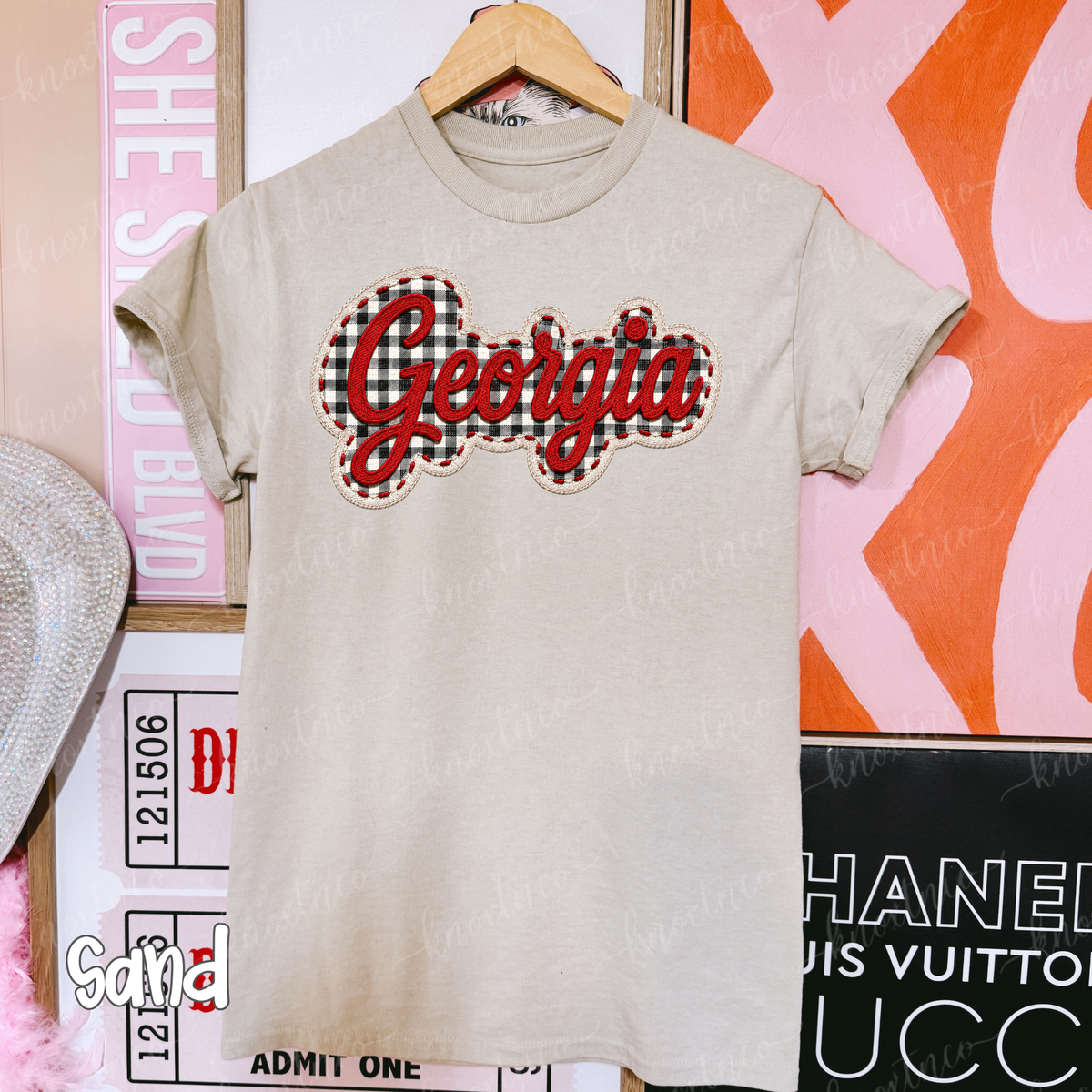 Georgia Embroidered Look T-Shirt or Sweatshirt | Red Black Gingham Game Day Shirt | Georgia Football Fan Tee