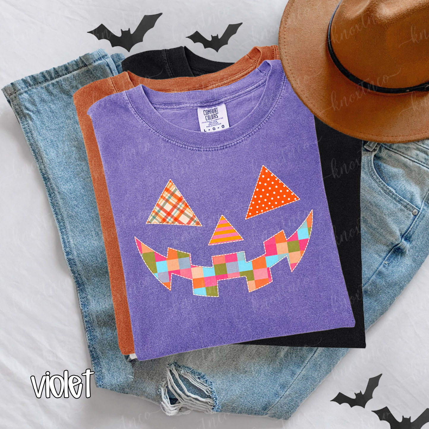 Quilt-Look Jack O’ Lantern Comfort Colors® T-Shirt | Patchwork Pumpkin Halloween Fall Tee