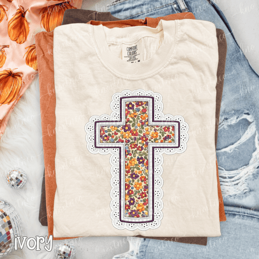 Comfort Colors Brand Fall Cross Lace Look Comfort Colors T-Shirt - Autumn Floral, Fall Christian Shirt