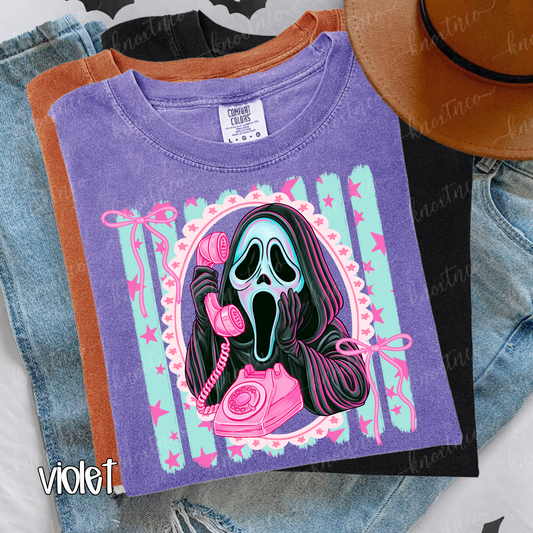 Ghostface Pink Telephone Tee – Comfort Colors Pastel Horror Shirt