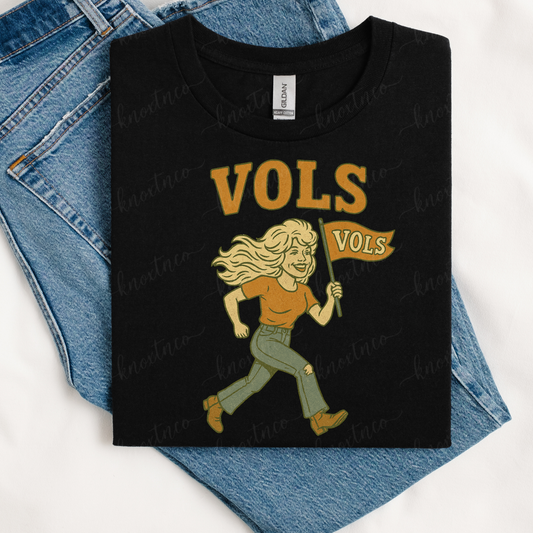 Dolly-inspired Tennessee Vols T-shirt or sweatshirt featuring a spirited orange and white game day design, pressed and shipped by a small family business in East Tennessee.