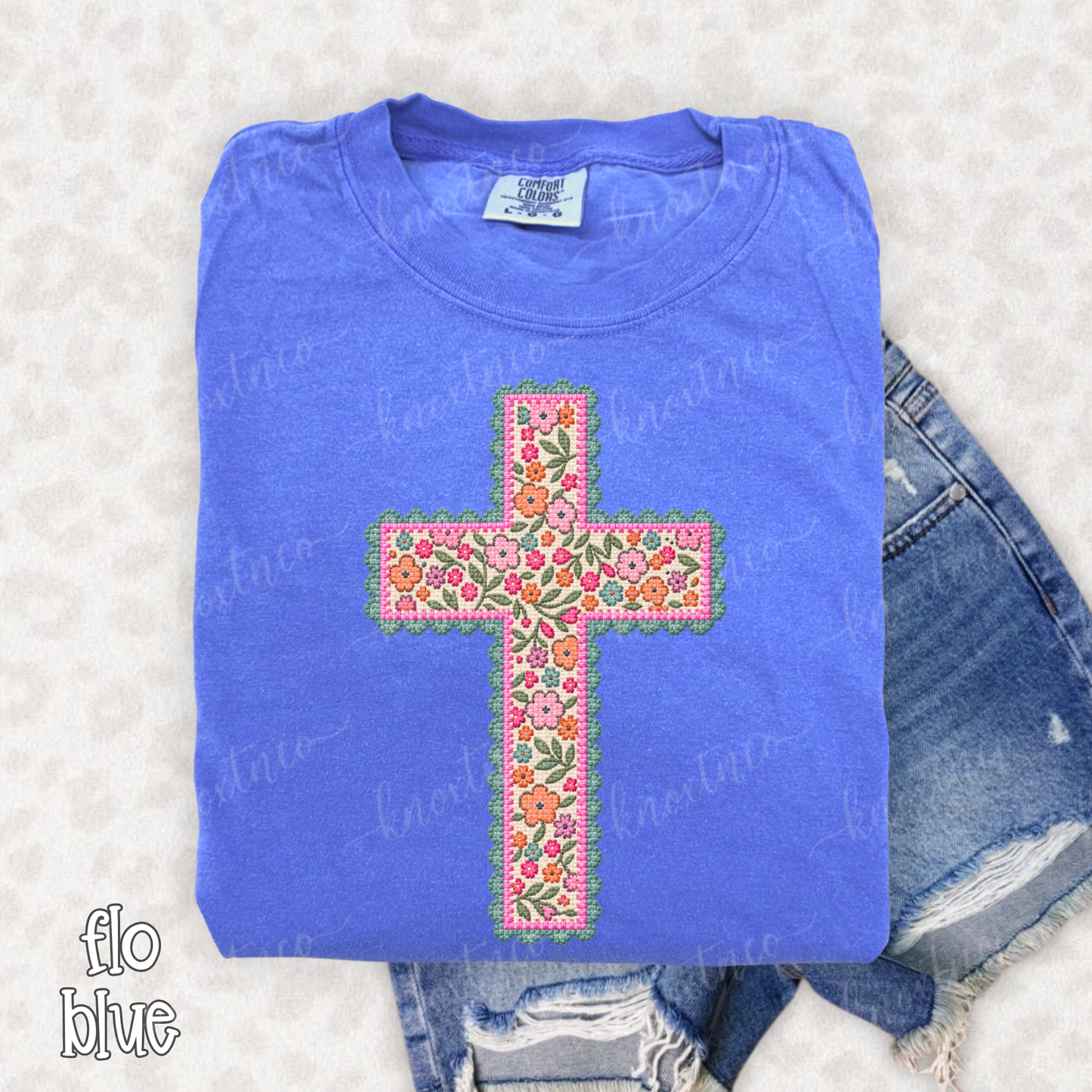 Floral Needlepoint Cross Comfort Colors T-Shirt - Preppy Needlepoint LOOK Cross Graphic Tee, Christian Gift, Pressed & Shipped from East Tennessee