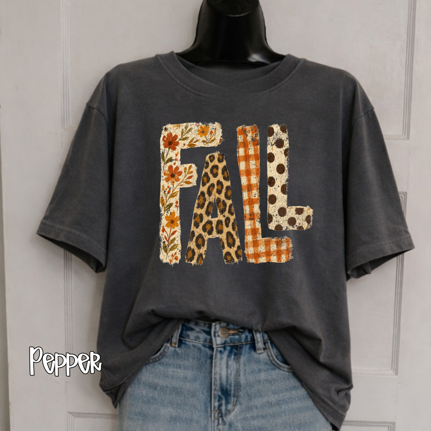 Retro Patchwork "FALL" Comfort Colors T-Shirt - Autumn Floral, Leopard Print & Buffalo Plaid Lettering Tee, Pressed & Shipped from East Tennessee