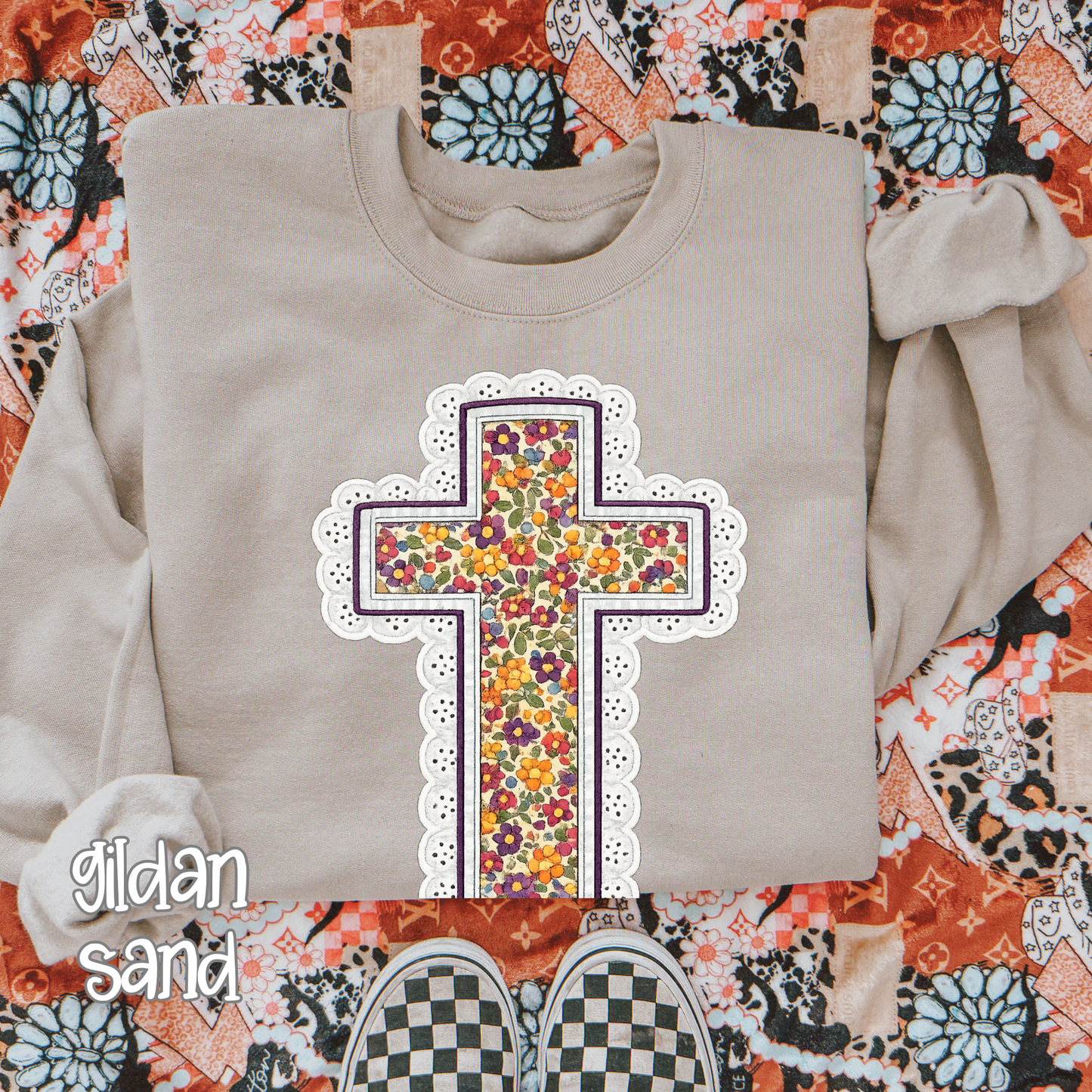 Comfort Colors Brand Fall Cross Lace Look Comfort Colors T-Shirt - Autumn Floral, Fall Christian Shirt