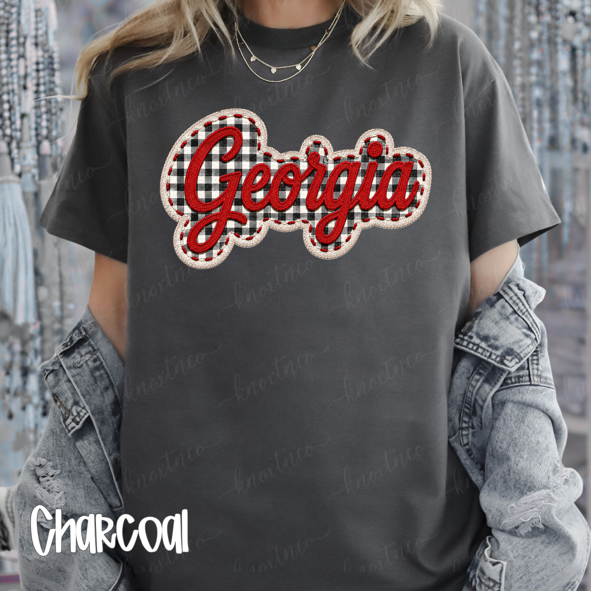 Georgia Embroidered Look T-Shirt or Sweatshirt | Red Black Gingham Game Day Shirt | Georgia Football Fan Tee