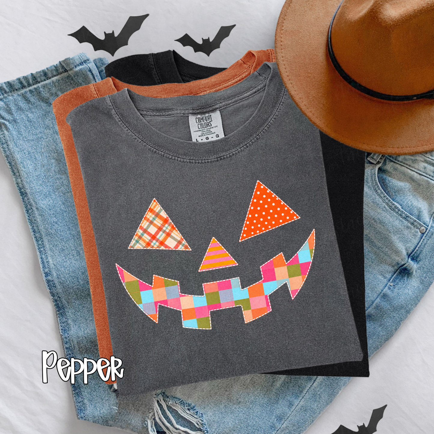 Quilt-Look Jack O’ Lantern Comfort Colors® T-Shirt | Patchwork Pumpkin Halloween Fall Tee