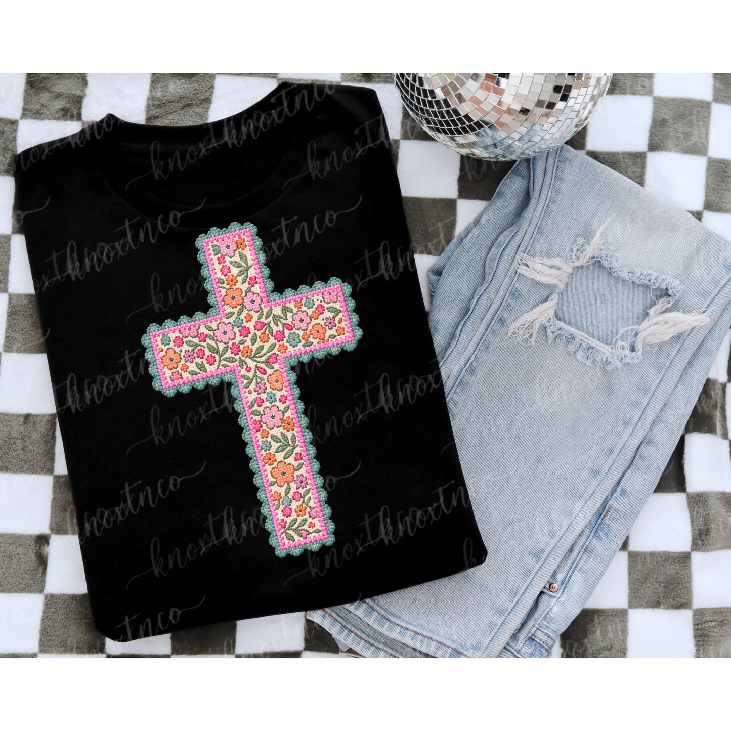 Floral Needlepoint Cross Comfort Colors T-Shirt - Preppy Needlepoint LOOK Cross Graphic Tee, Christian Gift, Pressed & Shipped from East Tennessee