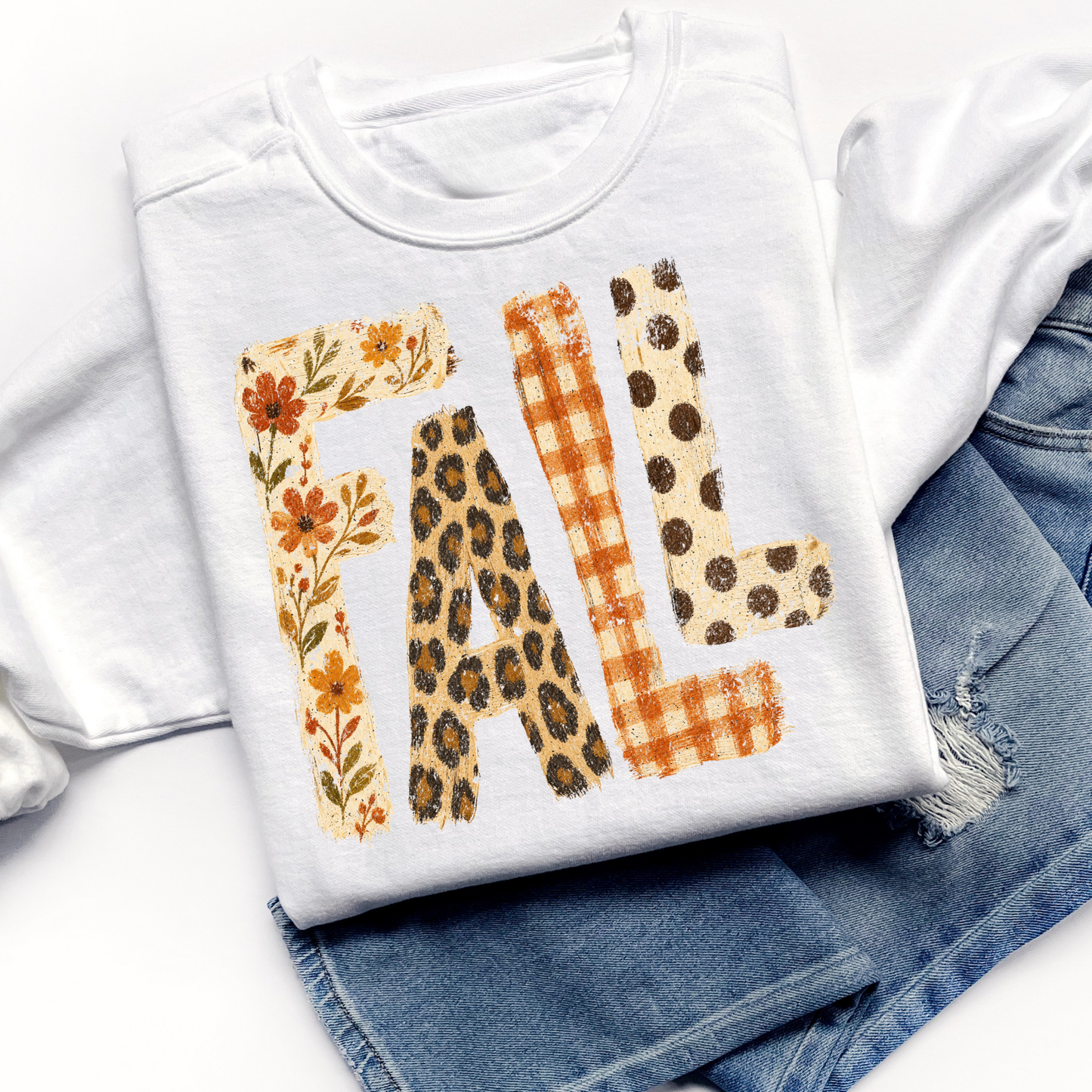 Retro Patchwork "FALL" Comfort Colors T-Shirt - Autumn Floral, Leopard Print & Buffalo Plaid Lettering Tee, Pressed & Shipped from East Tennessee
