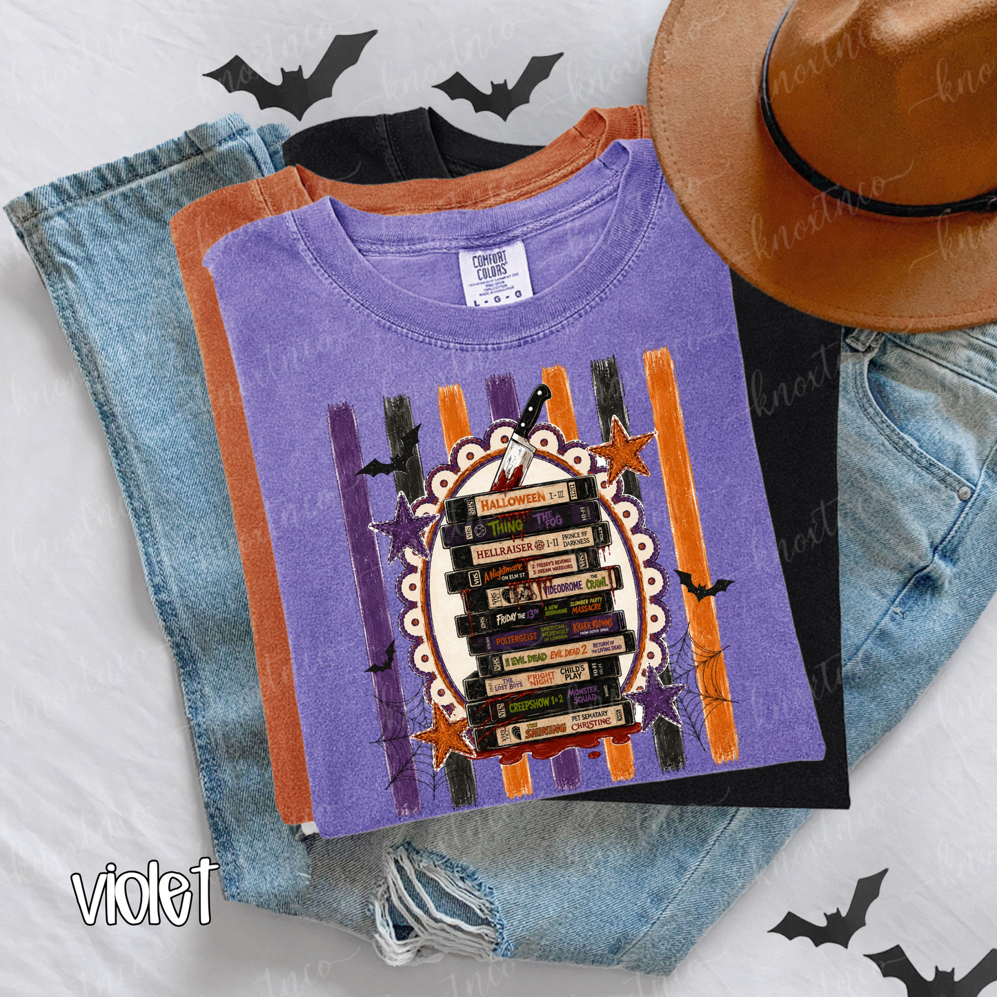 Retro Horror Movie Spooktacular Comfort Colors T-Shirt - Halloween Movie Lover's VHS Stack Graphic Tee, Scandi Boho Pumpkin Color, Unisex Horror Fan Gift
