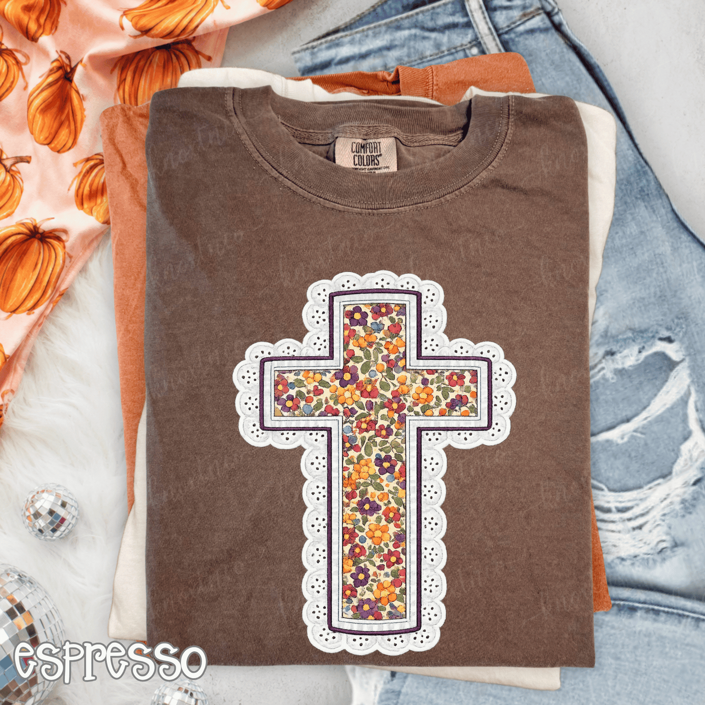 Comfort Colors Brand Fall Cross Lace Look Comfort Colors T-Shirt - Autumn Floral, Fall Christian Shirt