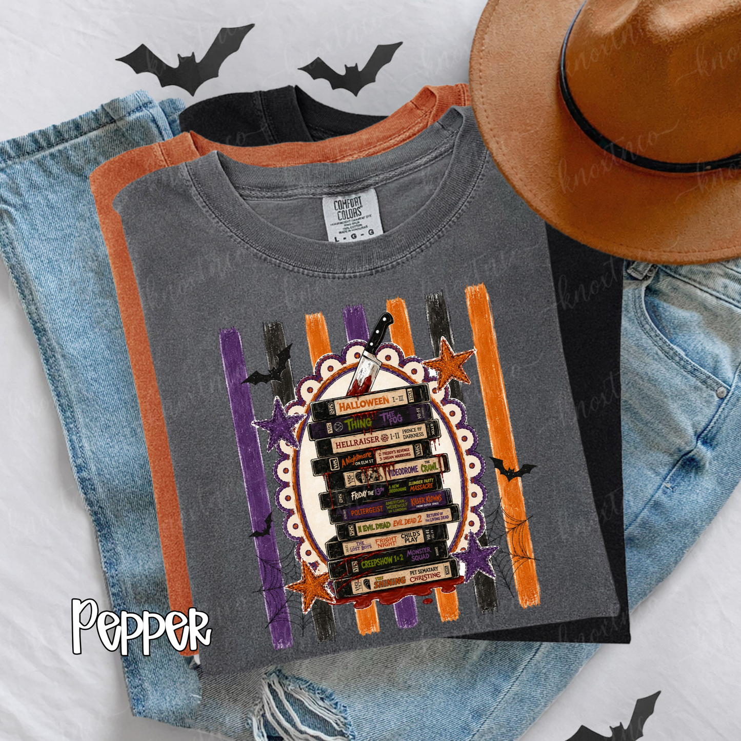 Retro Horror Movie Spooktacular Comfort Colors T-Shirt - Halloween Movie Lover's VHS Stack Graphic Tee, Scandi Boho Pumpkin Color, Unisex Horror Fan Gift