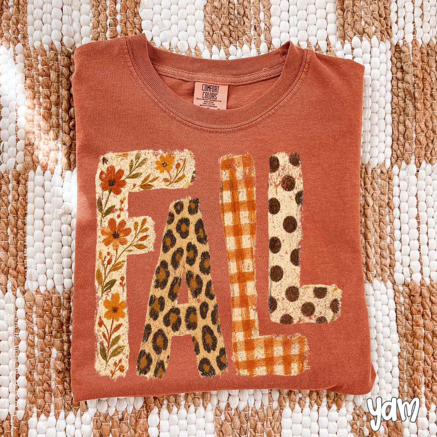 Retro Patchwork "FALL" Comfort Colors T-Shirt - Autumn Floral, Leopard Print & Buffalo Plaid Lettering Tee, Pressed & Shipped from East Tennessee