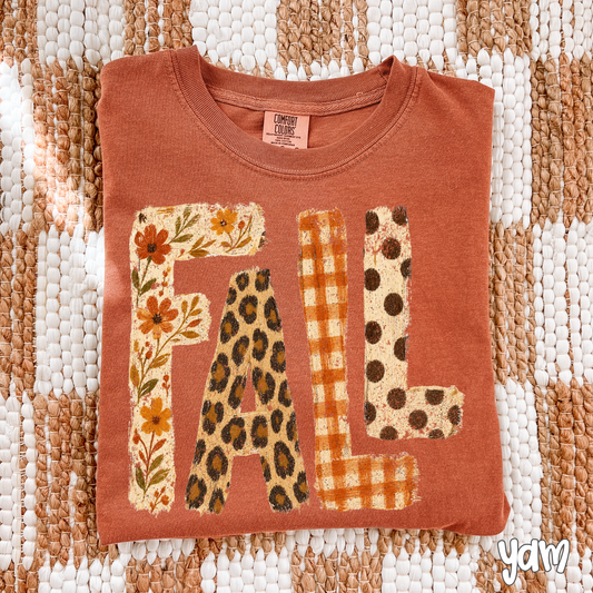 Retro Patchwork "FALL" Comfort Colors T-Shirt - Autumn Floral, Leopard Print & Buffalo Plaid Lettering Tee, Pressed & Shipped from East Tennessee