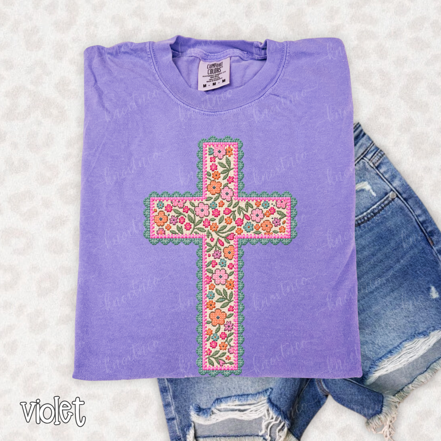 Floral Needlepoint Cross Comfort Colors T-Shirt - Preppy Needlepoint LOOK Cross Graphic Tee, Christian Gift, Pressed & Shipped from East Tennessee
