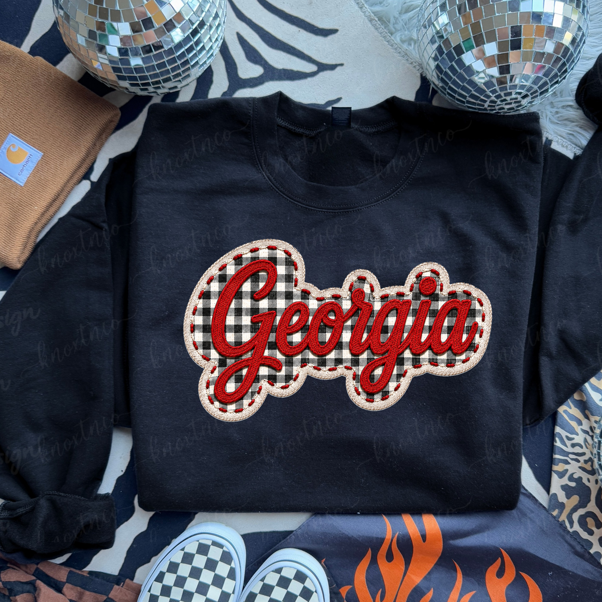 Georgia Embroidered Look T-Shirt or Sweatshirt | Red Black Gingham Game Day Shirt | Georgia Football Fan Tee