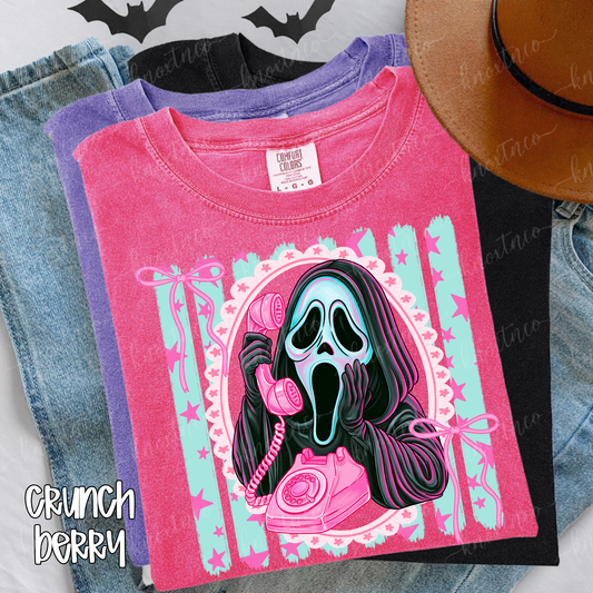 Ghostface Pink Telephone Tee – Comfort Colors Pastel Horror Shirt