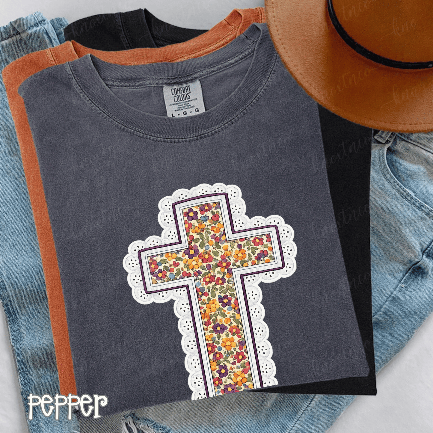 Comfort Colors Brand Fall Cross Lace Look Comfort Colors T-Shirt - Autumn Floral, Fall Christian Shirt