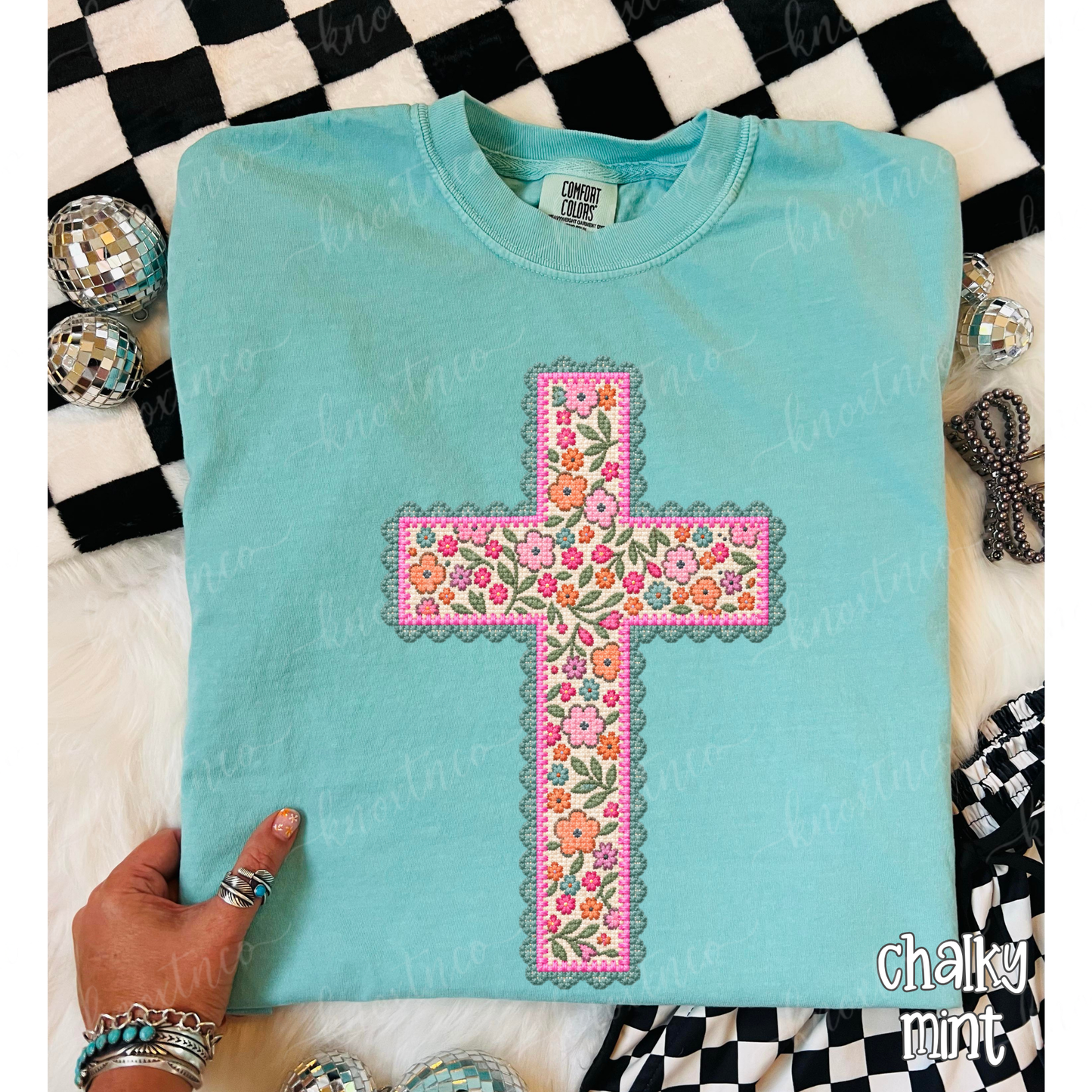 Floral Needlepoint Cross Comfort Colors T-Shirt - Preppy Needlepoint LOOK Cross Graphic Tee, Christian Gift, Pressed & Shipped from East Tennessee