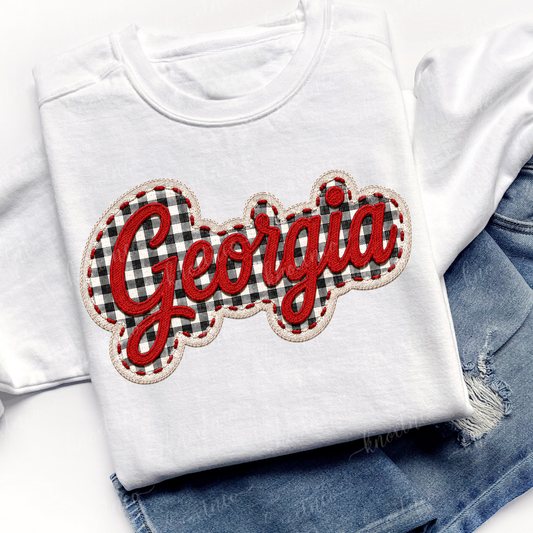 Georgia Embroidered Look T-Shirt or Sweatshirt | Red Black Gingham Game Day Shirt | Georgia Football Fan Tee