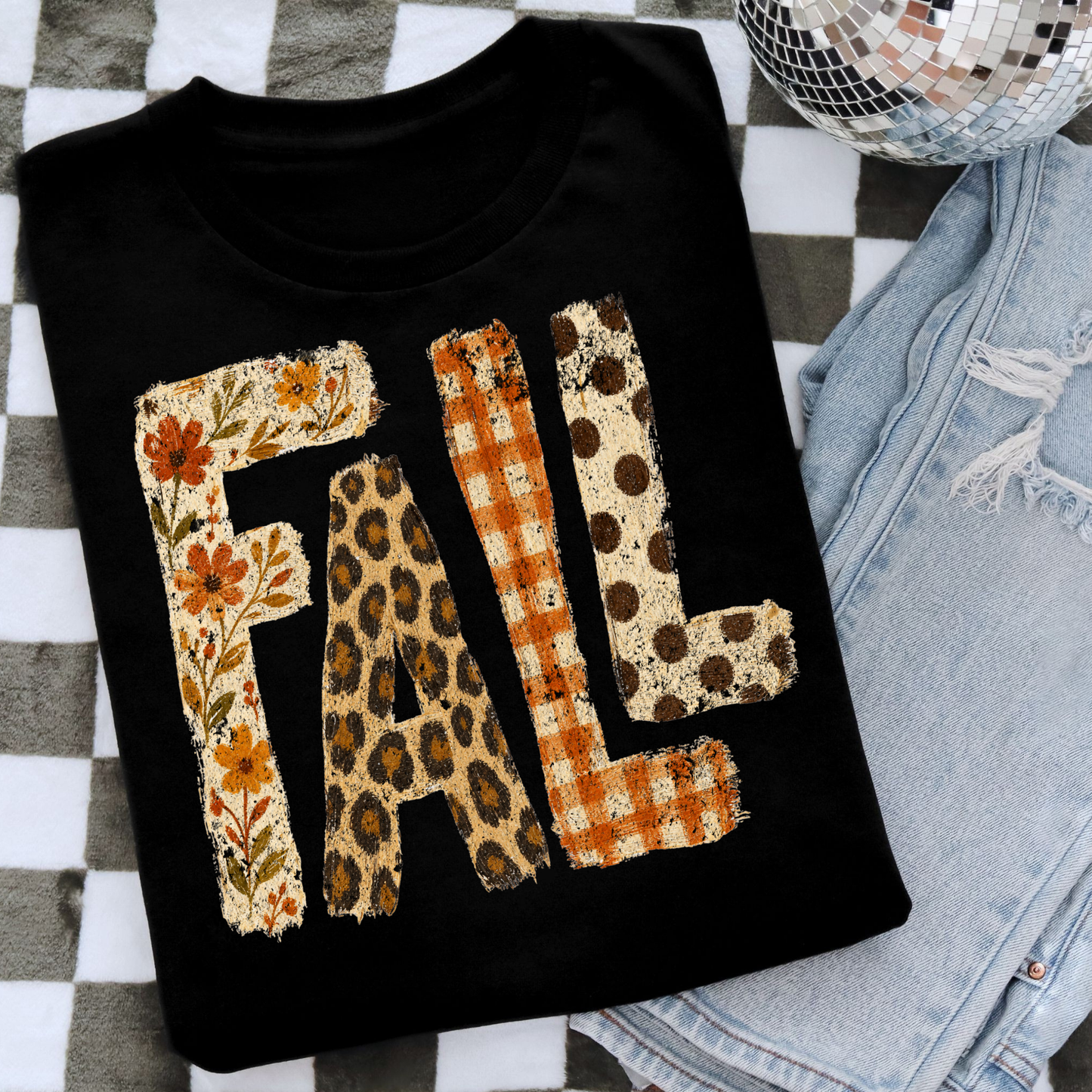Retro Patchwork "FALL" Comfort Colors T-Shirt - Autumn Floral, Leopard Print & Buffalo Plaid Lettering Tee, Pressed & Shipped from East Tennessee