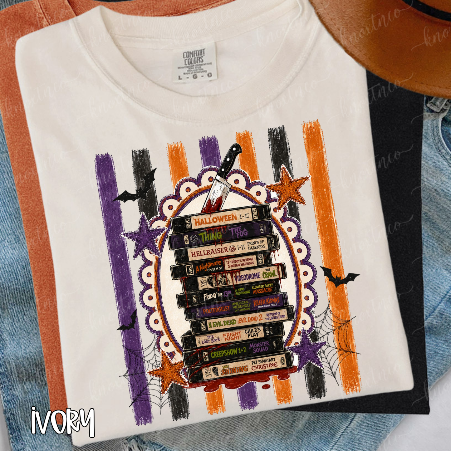 Retro Horror Movie Spooktacular Comfort Colors T-Shirt - Halloween Movie Lover's VHS Stack Graphic Tee, Scandi Boho Pumpkin Color, Unisex Horror Fan Gift