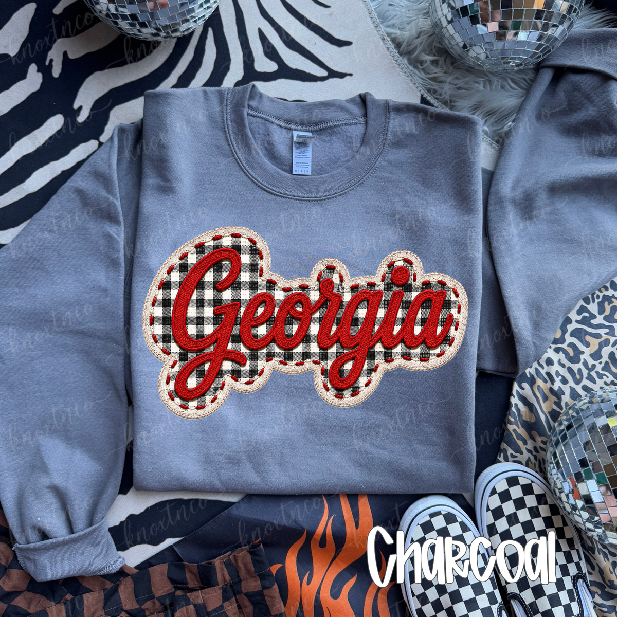 Georgia Embroidered Look T-Shirt or Sweatshirt | Red Black Gingham Game Day Shirt | Georgia Football Fan Tee