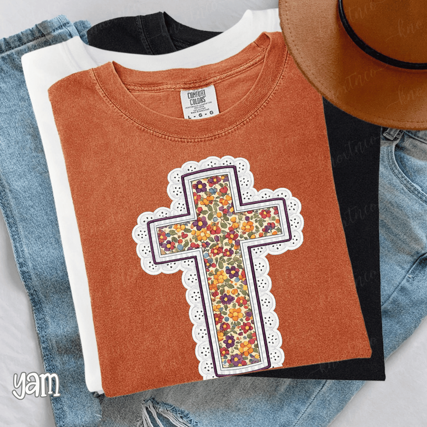 Comfort Colors Brand Fall Cross Lace Look Comfort Colors T-Shirt - Autumn Floral, Fall Christian Shirt