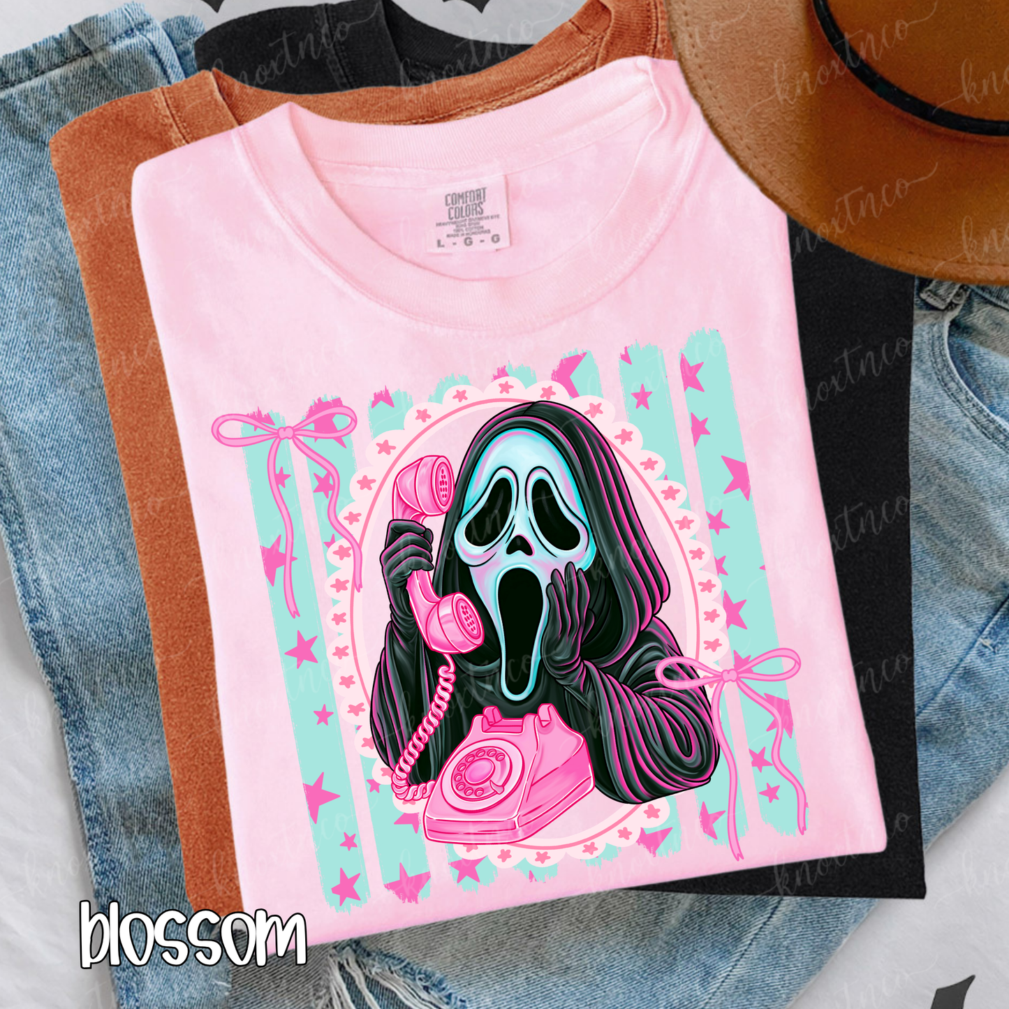 Ghostface Pink Telephone Tee – Comfort Colors Pastel Horror Shirt