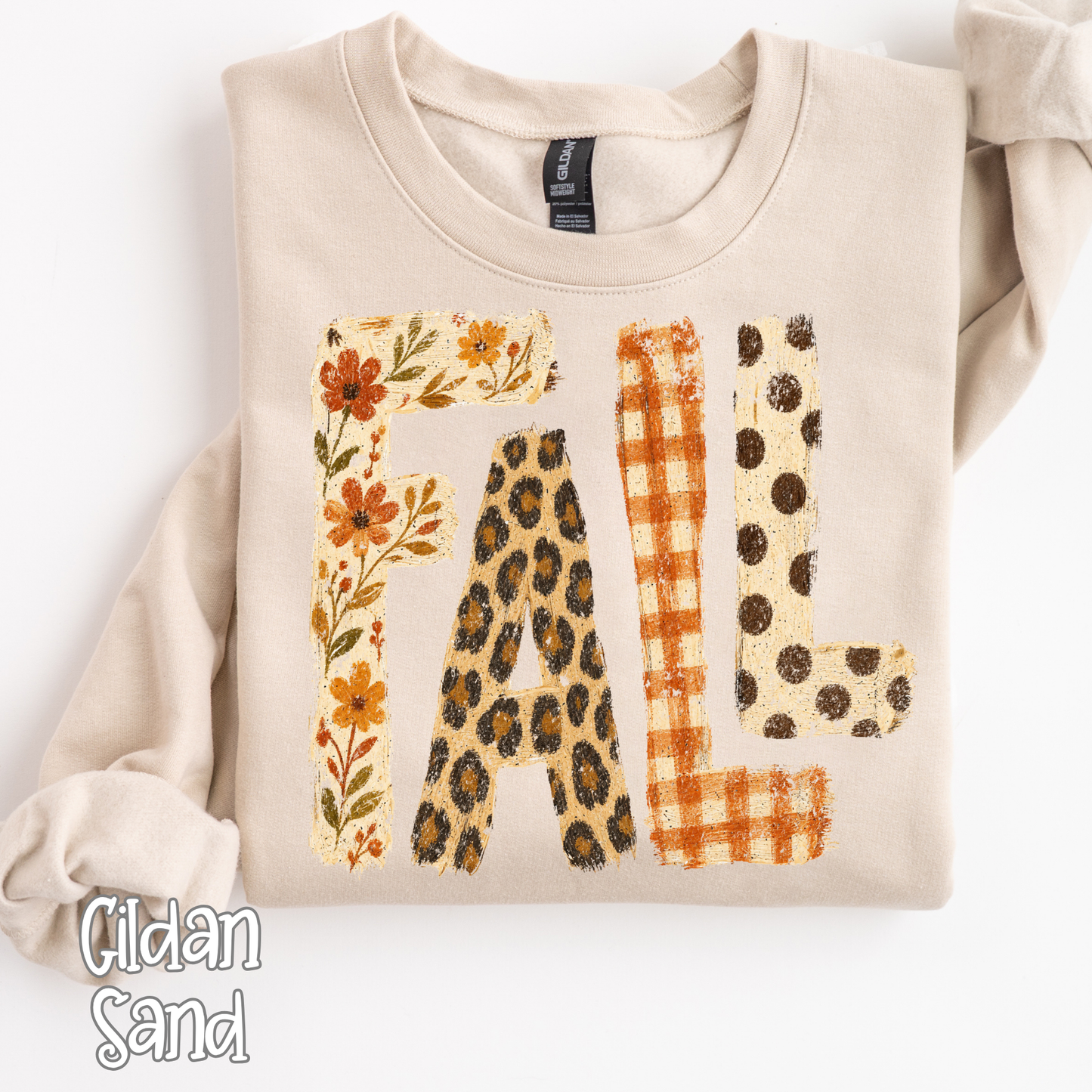 Retro Patchwork "FALL" Comfort Colors T-Shirt - Autumn Floral, Leopard Print & Buffalo Plaid Lettering Tee, Pressed & Shipped from East Tennessee