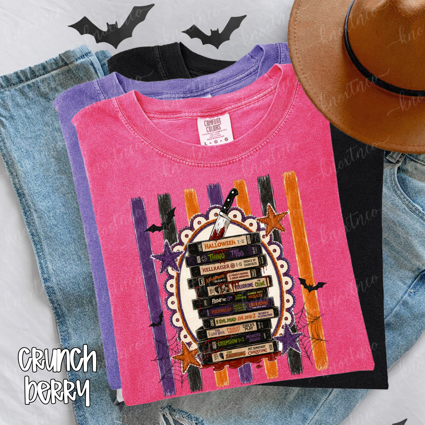 Retro Horror Movie Spooktacular Comfort Colors T-Shirt - Halloween Movie Lover's VHS Stack Graphic Tee, Scandi Boho Pumpkin Color, Unisex Horror Fan Gift