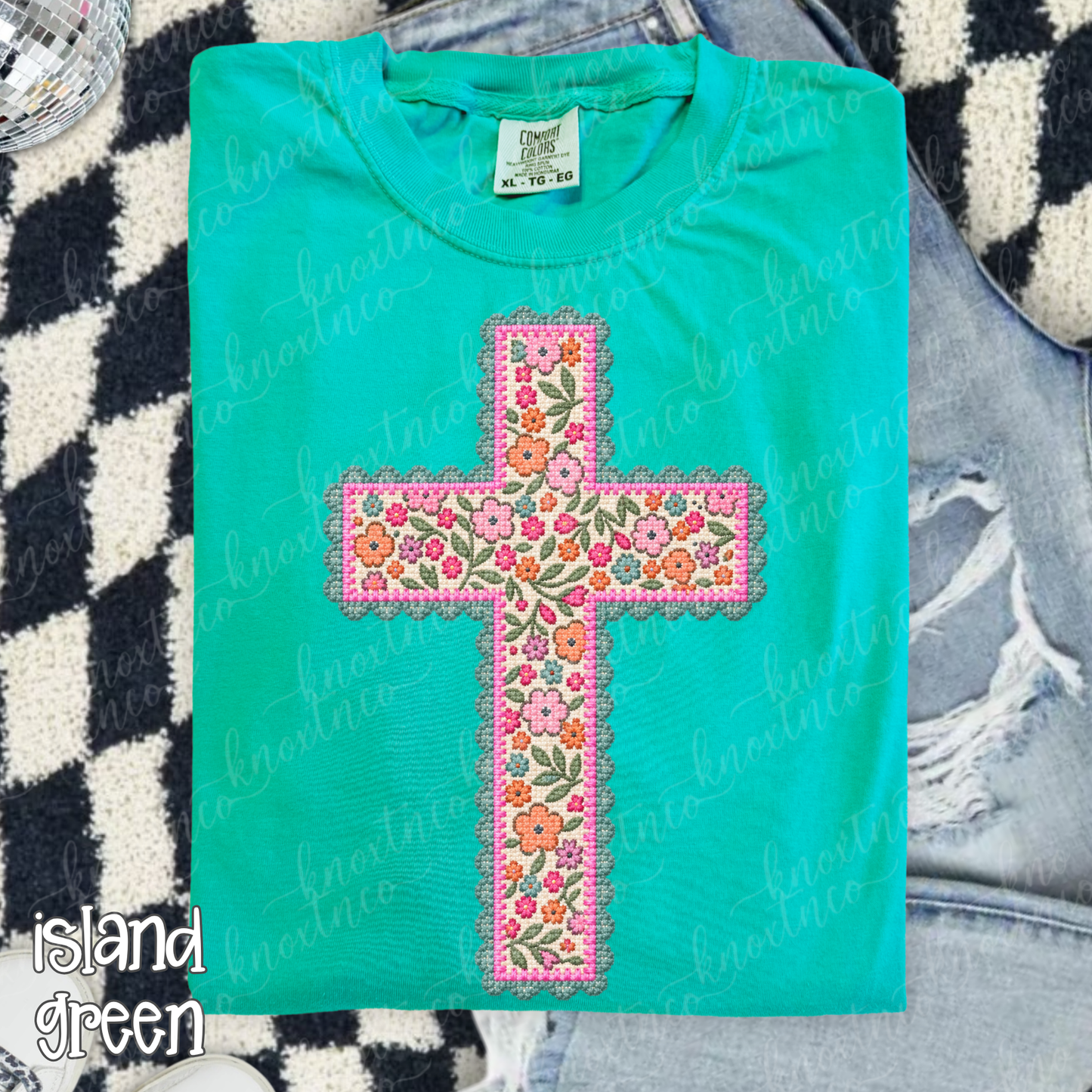 Floral Needlepoint Cross Comfort Colors T-Shirt - Preppy Needlepoint LOOK Cross Graphic Tee, Christian Gift, Pressed & Shipped from East Tennessee