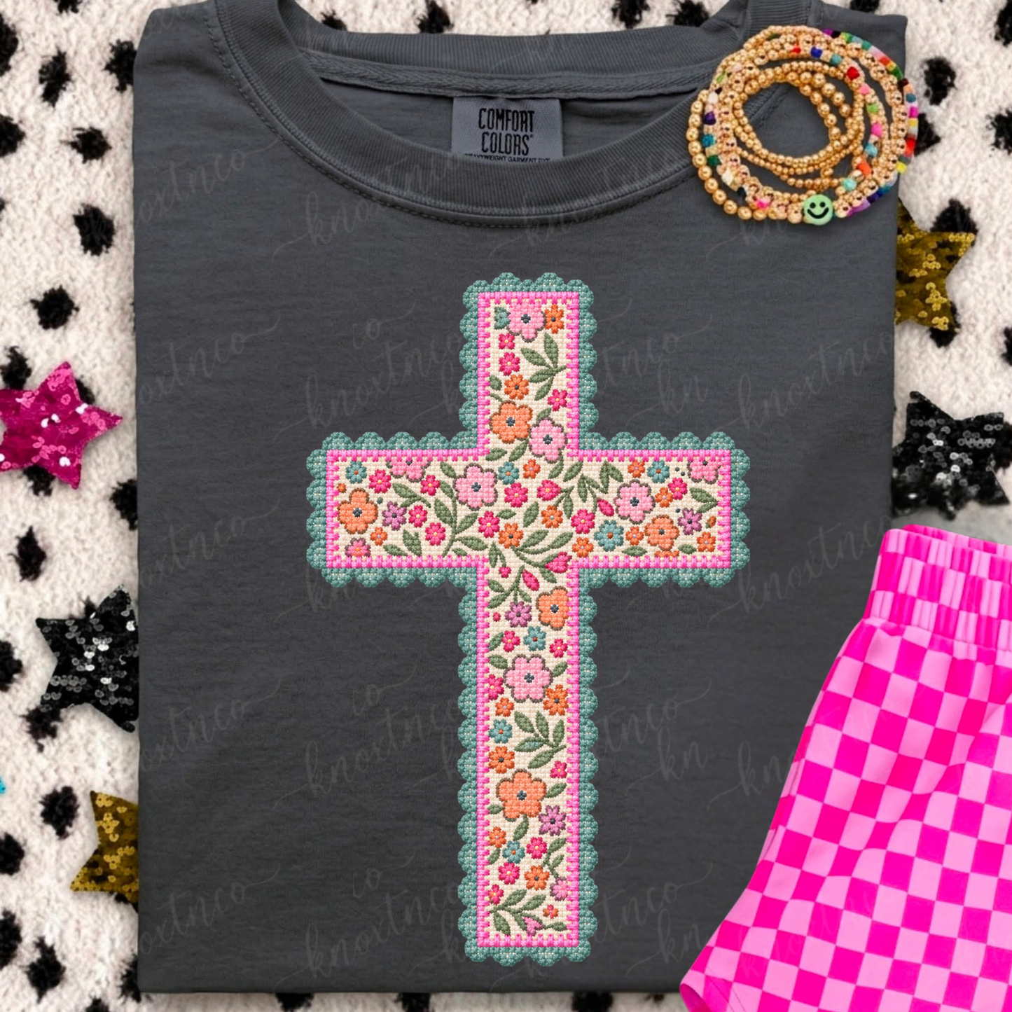 Floral Needlepoint Cross Comfort Colors T-Shirt - Preppy Needlepoint LOOK Cross Graphic Tee, Christian Gift, Pressed & Shipped from East Tennessee