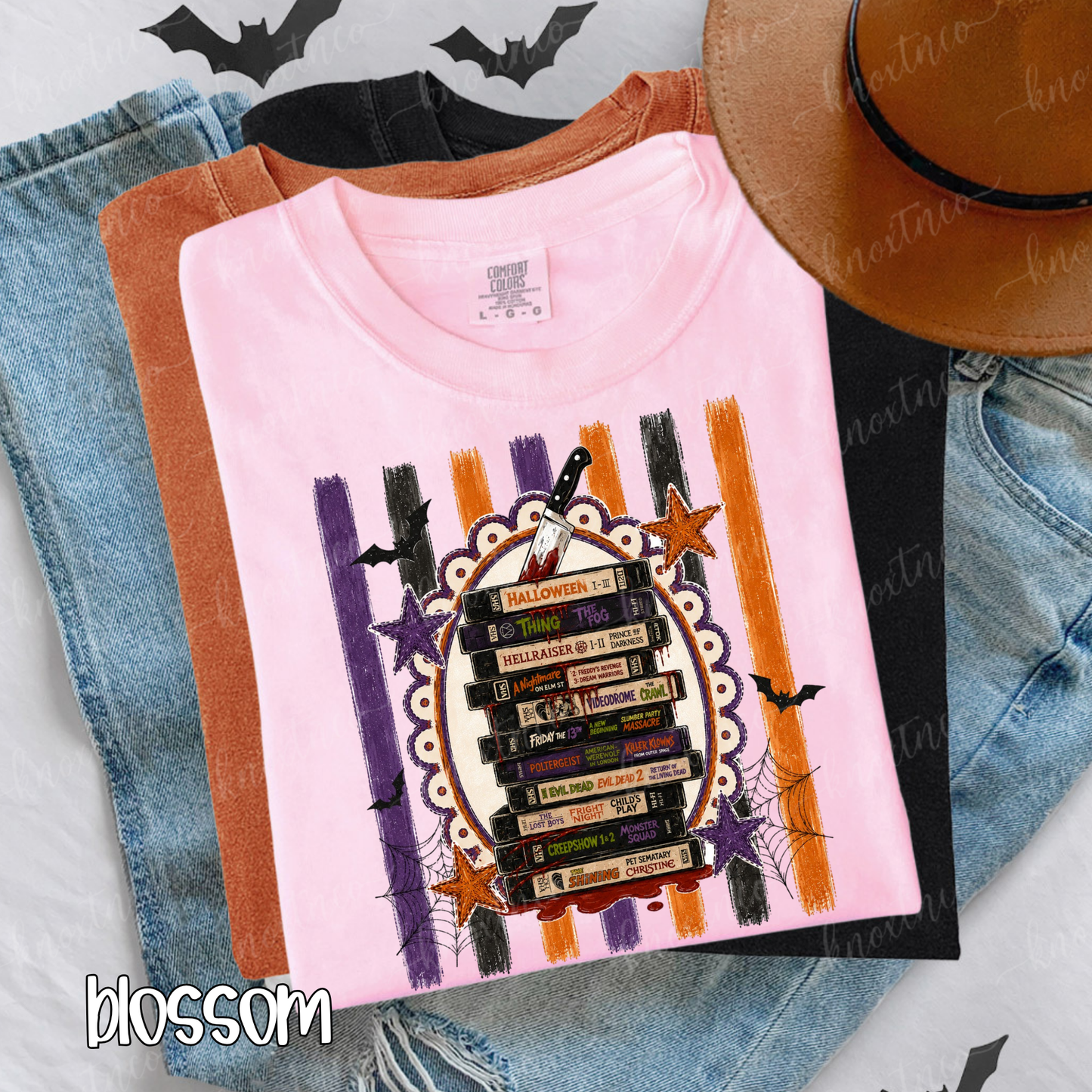 Retro Horror Movie Spooktacular Comfort Colors T-Shirt - Halloween Movie Lover's VHS Stack Graphic Tee, Scandi Boho Pumpkin Color, Unisex Horror Fan Gift