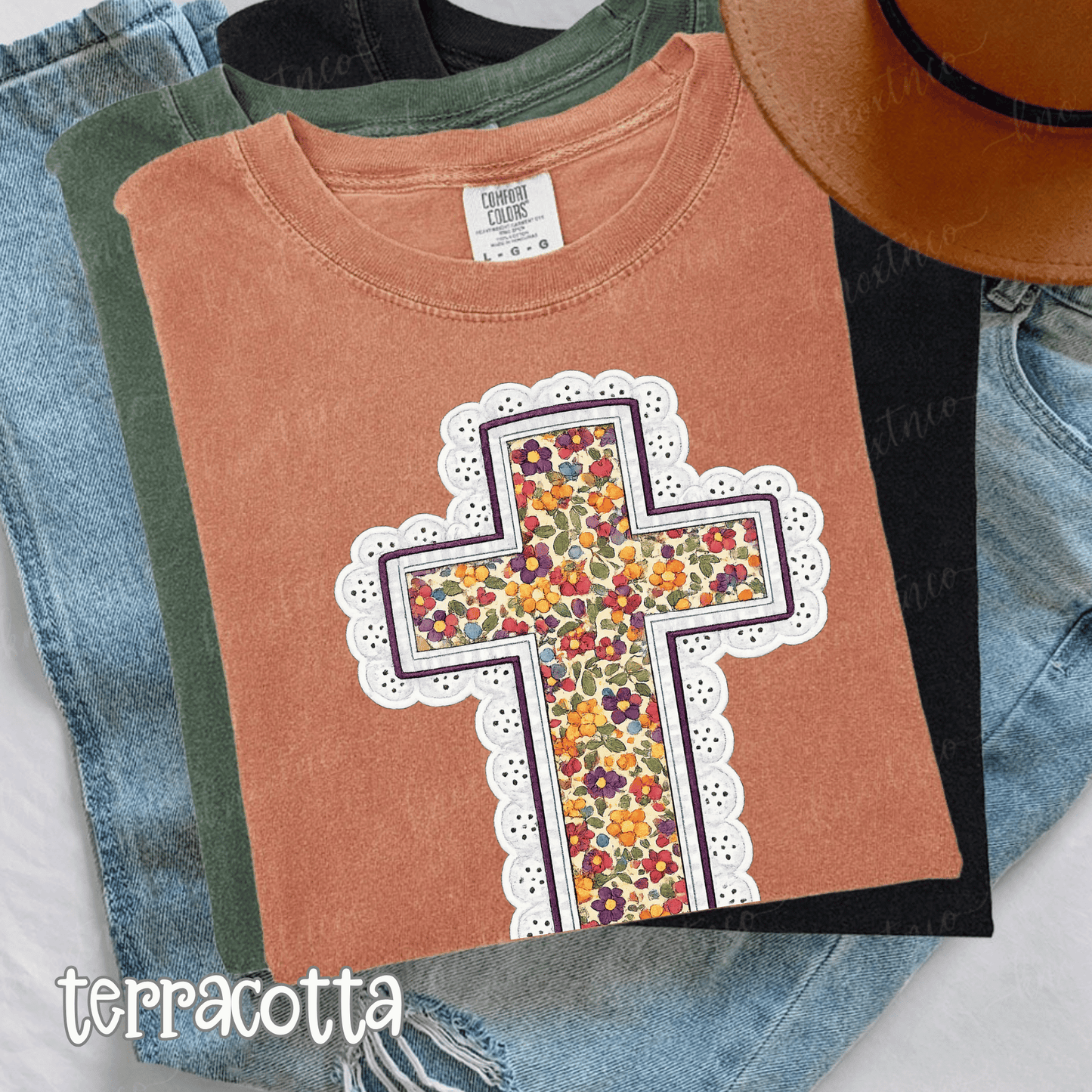 Comfort Colors Brand Fall Cross Lace Look Comfort Colors T-Shirt - Autumn Floral, Fall Christian Shirt