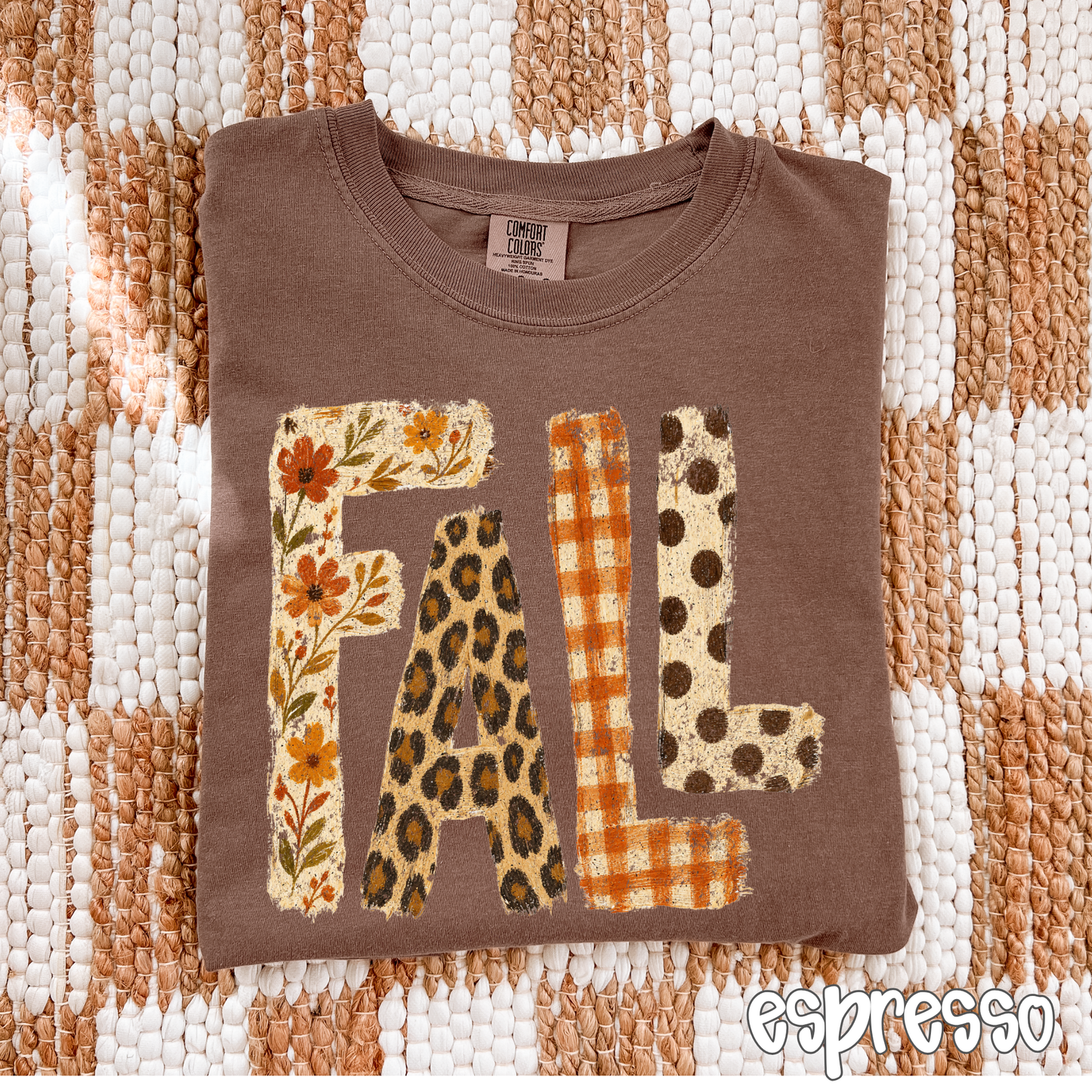 Retro Patchwork "FALL" Comfort Colors T-Shirt - Autumn Floral, Leopard Print & Buffalo Plaid Lettering Tee, Pressed & Shipped from East Tennessee