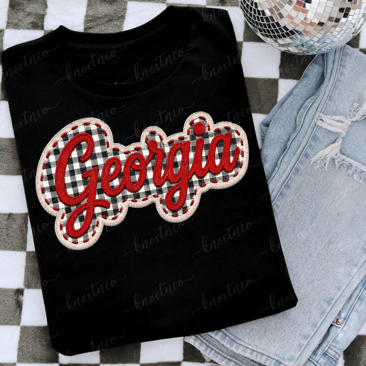 Georgia Embroidered Look T-Shirt or Sweatshirt | Red Black Gingham Game Day Shirt | Georgia Football Fan Tee