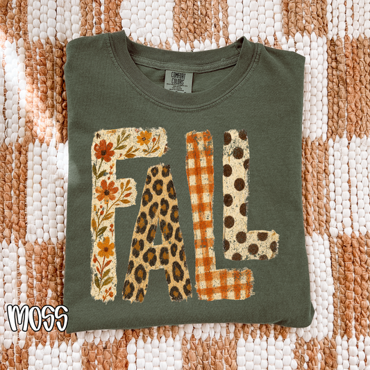 Retro Patchwork "FALL" Comfort Colors T-Shirt - Autumn Floral, Leopard Print & Buffalo Plaid Lettering Tee, Pressed & Shipped from East Tennessee