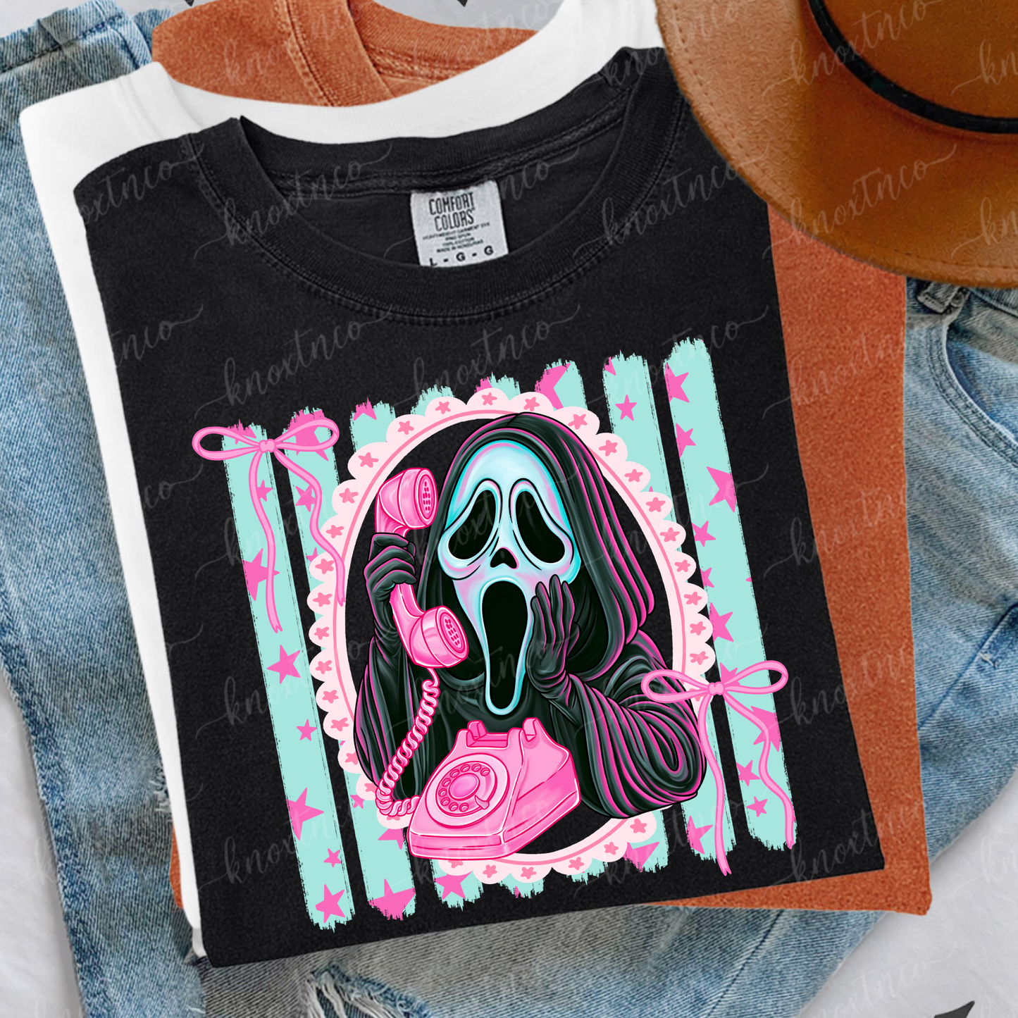 Ghostface Pink Telephone Tee – Comfort Colors Pastel Horror Shirt