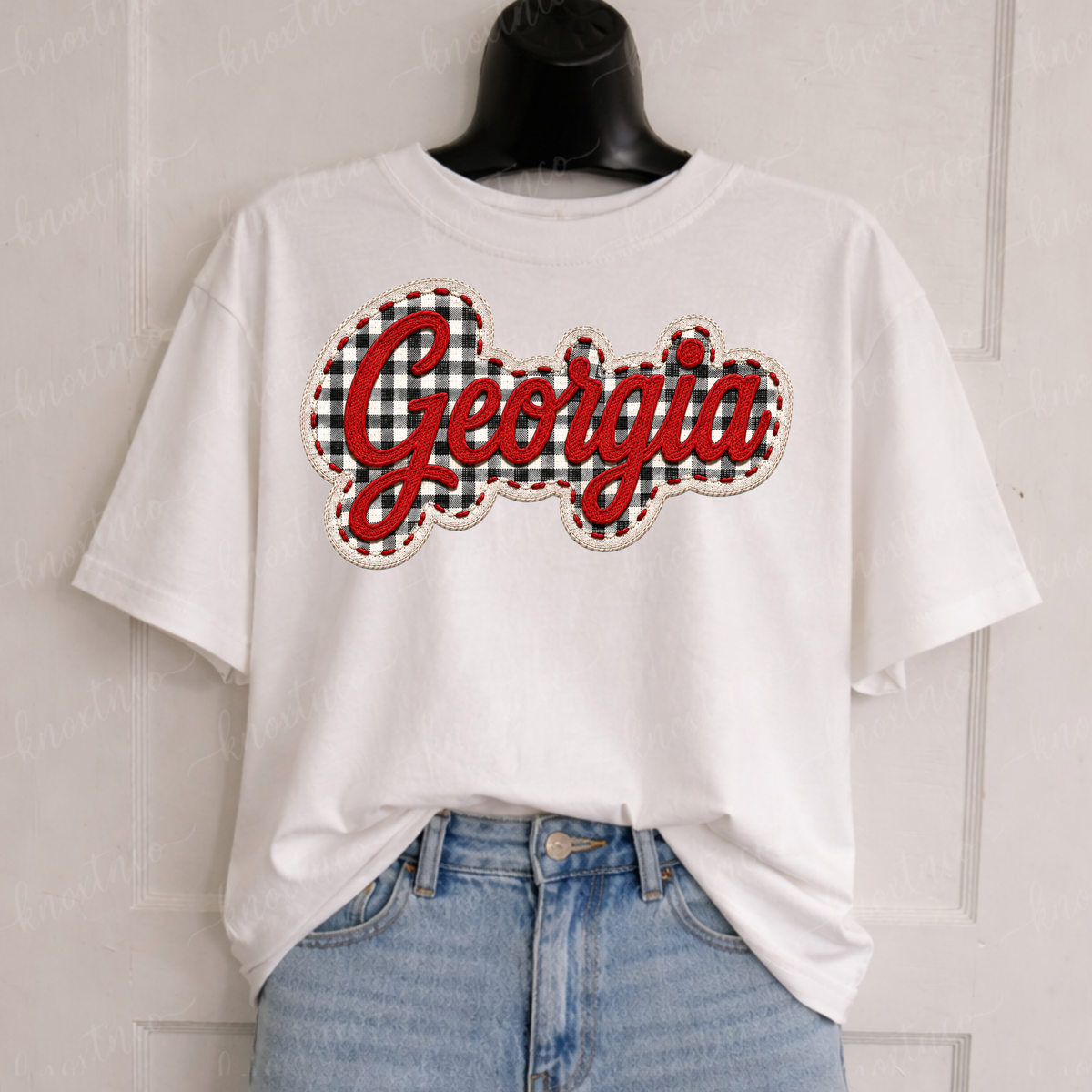 Georgia Embroidered Look T-Shirt or Sweatshirt | Red Black Gingham Game Day Shirt | Georgia Football Fan Tee