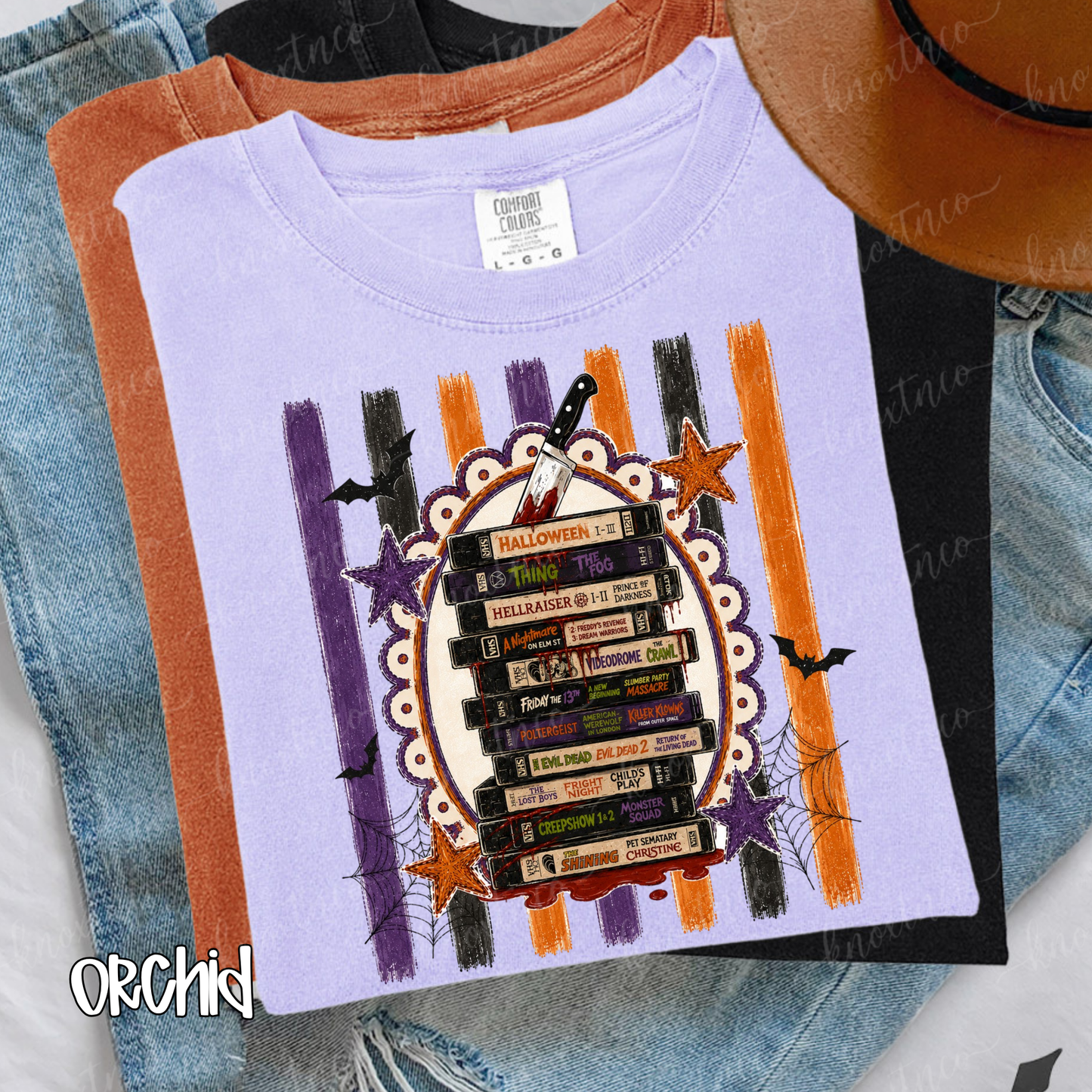 Retro Horror Movie Spooktacular Comfort Colors T-Shirt - Halloween Movie Lover's VHS Stack Graphic Tee, Scandi Boho Pumpkin Color, Unisex Horror Fan Gift