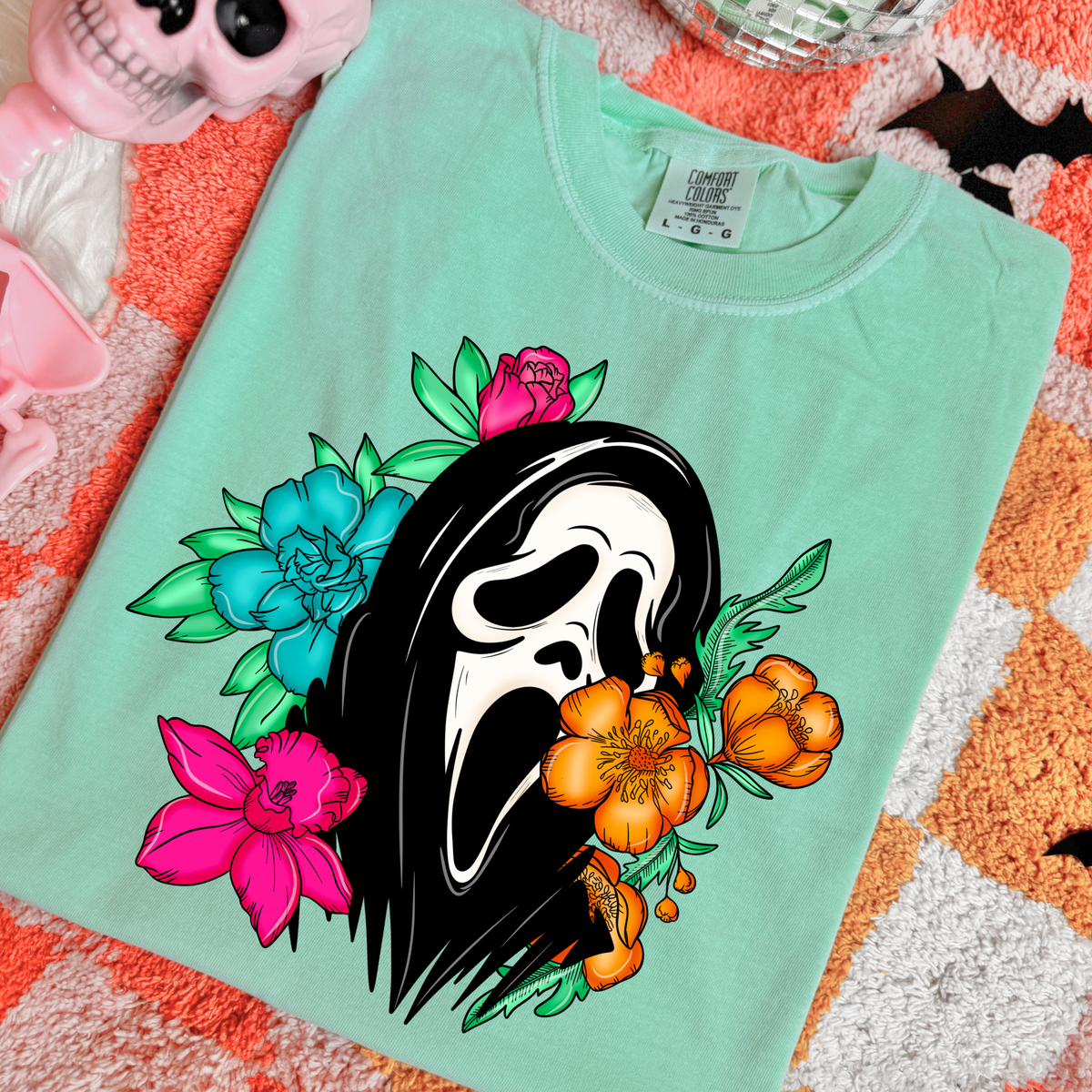 Ghostface Floral Halloween Comfort Colors Shirt | Colorful Spooky Season Horror Tee