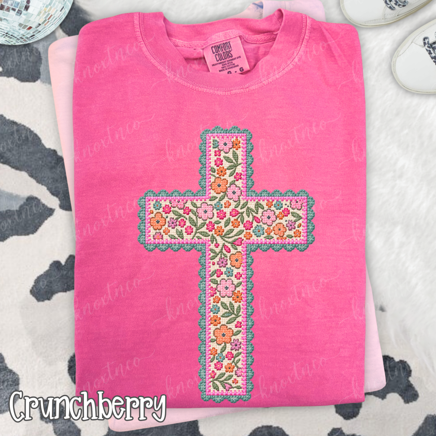 Floral Needlepoint Cross Comfort Colors T-Shirt - Preppy Needlepoint LOOK Cross Graphic Tee, Christian Gift, Pressed & Shipped from East Tennessee